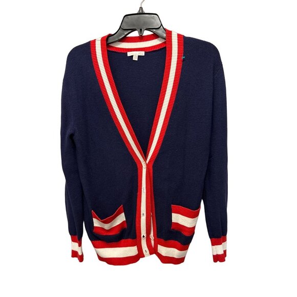 Minnie Rose Cotton Cashmere Cardigan with Front Pockets Blue Ribbed Red White - Picture 1 of 7